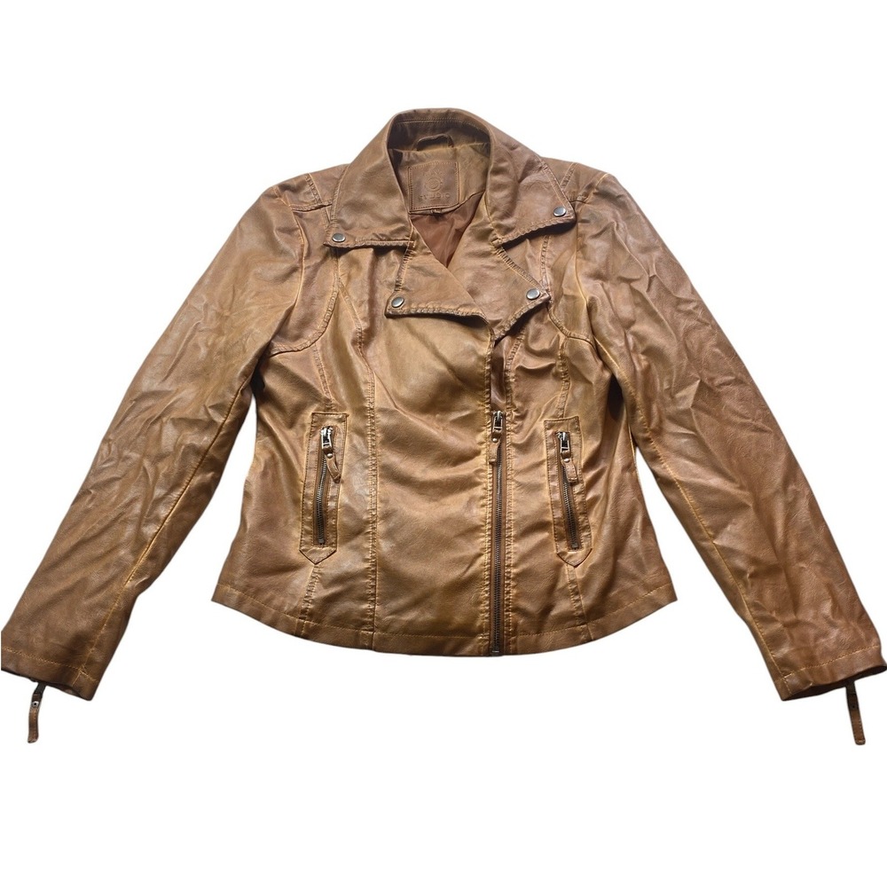 Max Studio Faux Leather Moto Biker Jacket Sz L Cognac Brown #188U